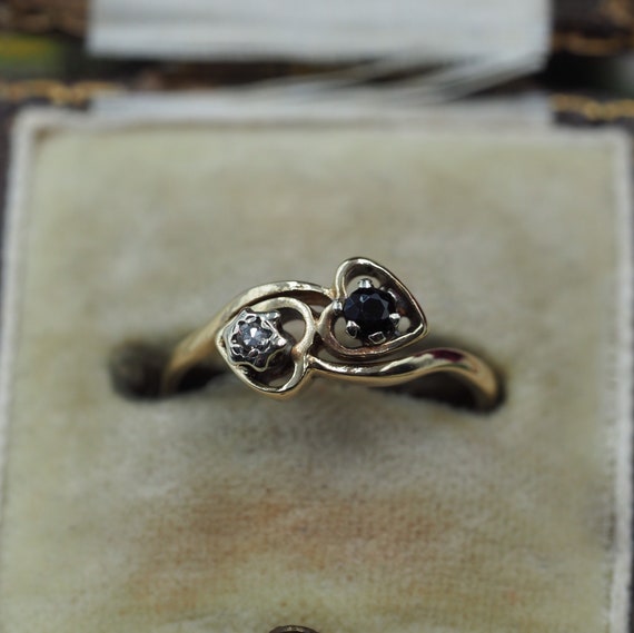 Vintage 9ct Gold Sapphire and Diamond Heart Ring, Size K or 5.5