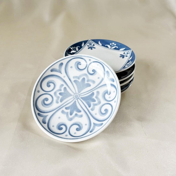 Set of 6 Small Mismatch Blue and White Plates, Small Blue and White Plates, Blue White Ceramic Plates, Felissimo Japan Plates, Sauce Plates