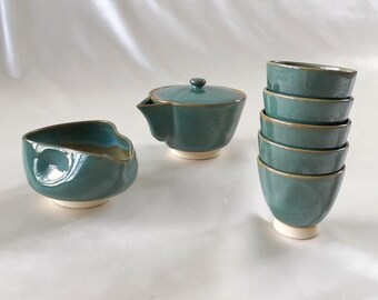 7pcs Teal Ceramic Tea Set, Chinese Style Tea Set, Ceramic Tea Set, Teal Green, Vintage Gift, Tea Drinker Gift, Tea Gift, Mother's Day Gift