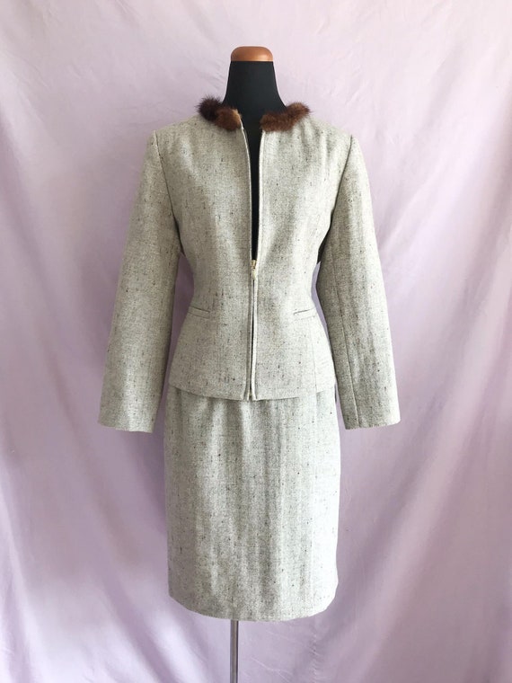 Beige Speckled Suit Set, Vintage Wool Skirt Suit,