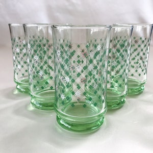 Set of 5 Japanese Vintage Glass Cups, Green Glass Cups, Floral Glass Cups, Cute Vintage Cups, 70s Style Cups, Green Pink White Cups, Japan