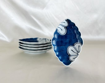 Set of 5 Small Japanese Blue and White Plates, Japanese Ceramic Plates, Oblong Plates, Unique Shape Plates, Vintage Japanese Plates, Vintage