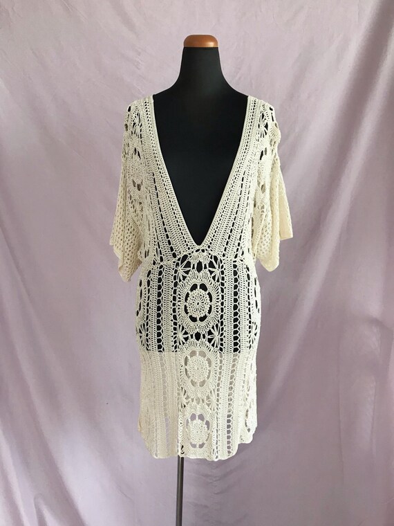 Ivory Crochet Dress, Boho Dress, Cream Crochet Kni