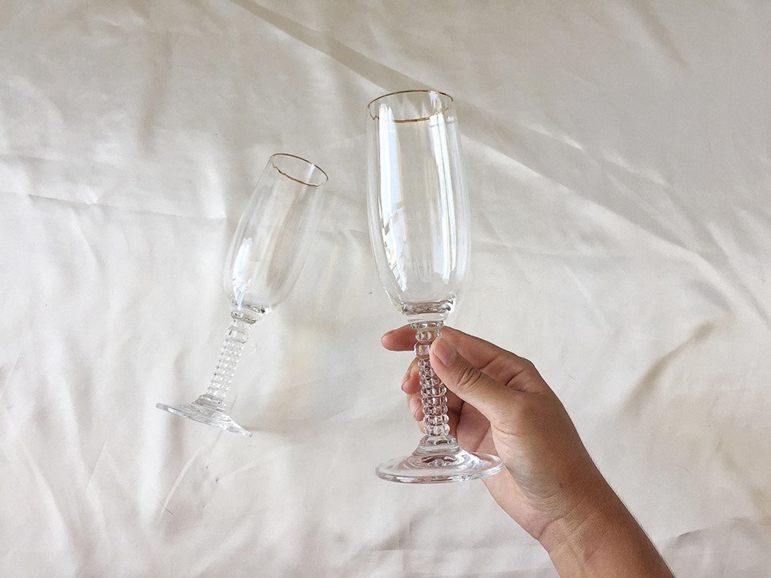 Set of 2 Glass Champagne Flutes Gold Rim Champagne Glasses Etsy