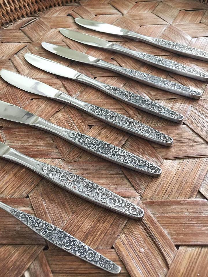 Set of 8 Vintage Stainless Steel Japan Knives Vintage Floral Print