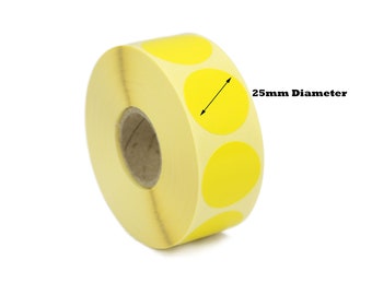Round Stickers / Labels, 25mm Diameter. 1,000 per roll. Yellow circle spots. Perm Adhesive. Craft, Stationary, Stock Management, Visual Aid