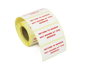 Return to sender not known at this address. 50mm x 25mm Labels / Stickers printed with Red Text. Ideal Shipping labels.
