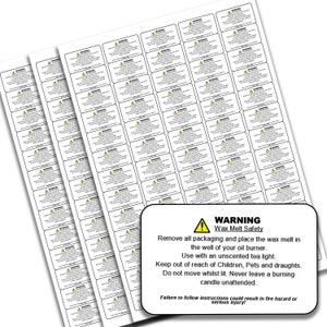 Wax Melt Warning / Safety labels / stickers. 65 per sheet perm Adhesive. Ideal for Jars, Tins, Pots.