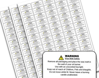 Wax Melt Warning / Safety labels / stickers. 65 per sheet perm Adhesive. Ideal for Jars, Tins, Pots.