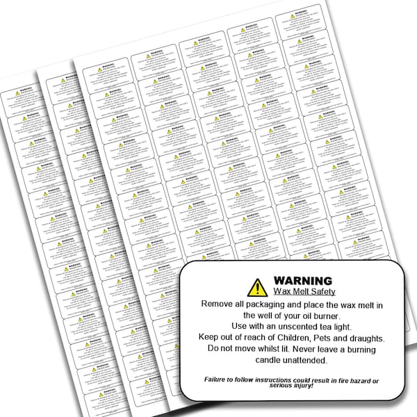 Wax Melt Warning / Safety labels / stickers. 65 per sheet perm Adhesive. Ideal for Jars, Tins, Pots.