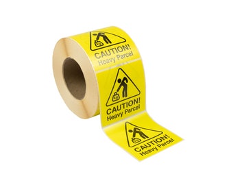 100mm x 100mm Yellow & Black Caution Heavy Parcel Labels. FBA Compatible. 500 per roll.
