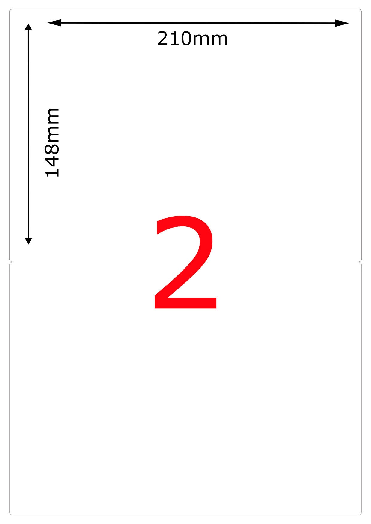 A4 Laser label sheets. 2 Labels per sheet. Ideal for printing your own labels. 210mm x 148.5mm. Available in 250, 500 or 1000 sheets