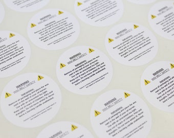 37mm Circle Wax Melt Warning / Safety labels / stickers. 35 per sheet perm Adhesive. Ideal for Jars, Tins, Pots.