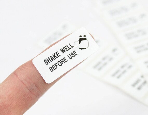 38mm x 16mm sticker /"Shake well before use/" labels white label black print.