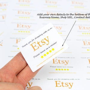 May include: White thank you cards with the word "Etsy" printed in orange. The cards have a five-star rating and the text "Please leave us a review". The text "Thank you for shopping with us on Etsy" is also printed on the cards.