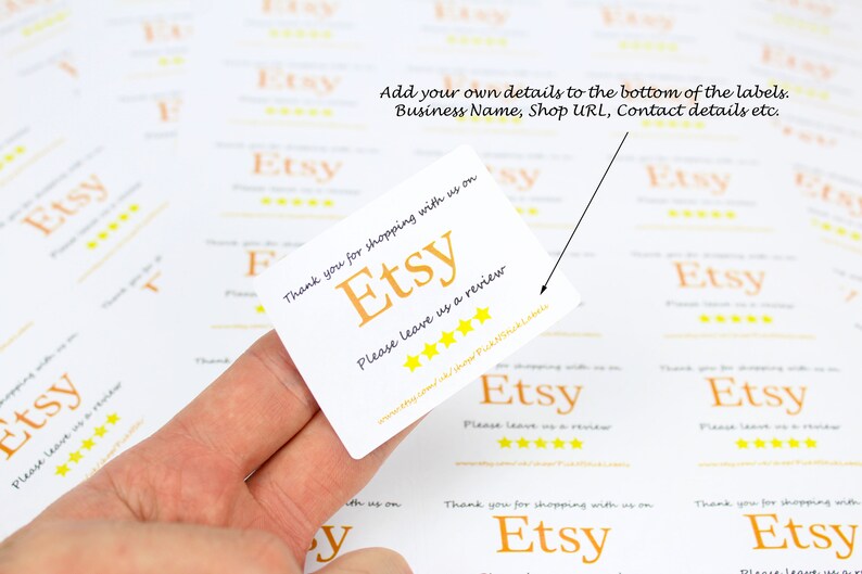 May include: White thank you cards with the word "Etsy" printed in orange. The cards have a five-star rating and the text "Please leave us a review". The text "Thank you for shopping with us on Etsy" is also printed on the cards.