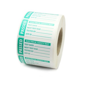May include: A roll of green and white electrical safety test stickers. Each sticker has the word "PASSED" in large green letters and includes fields for the test date, next test due, tested by, and app ID.
