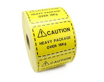 Caution Heavy Package over 15kg. Bright Yellow Shipping Labels / stickers. Bright Warning labels ideal for Boxes & packages.