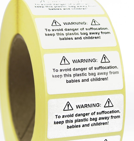 Plastic Bag Suffocation Warning Safety Labels Stickers White Label Black Print 50mm X 25mm Permanent Adhesive - Plastic bag warning label