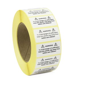 Plastic Bag Suffocation Warning / Safety Labels / Stickers. White label, Black Print. 50mm x 25mm Permanent Adhesive