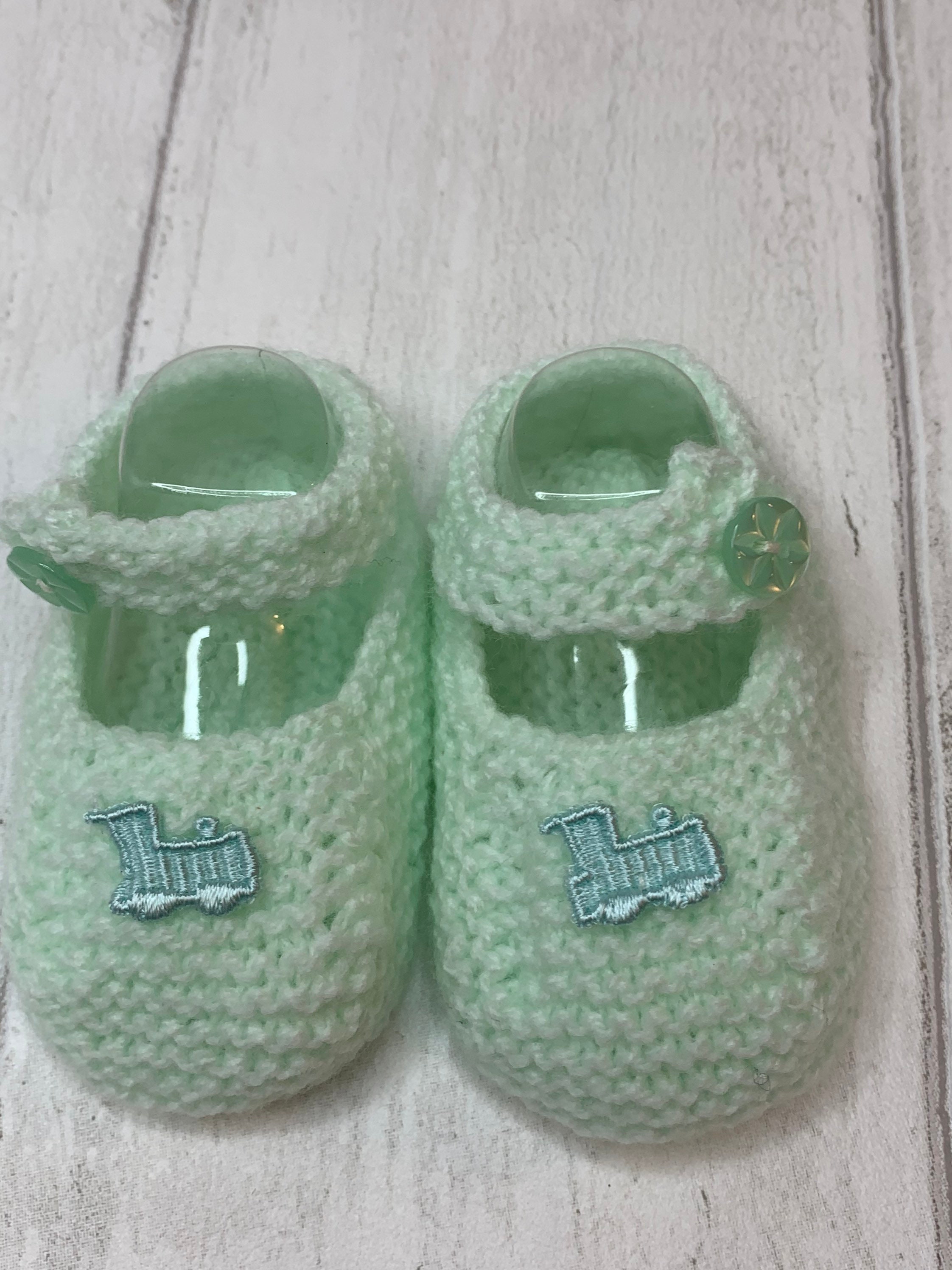Train Pram Shoes, Baby Crib Shoes, Hand Knit Baby Bootees, Blue Baby