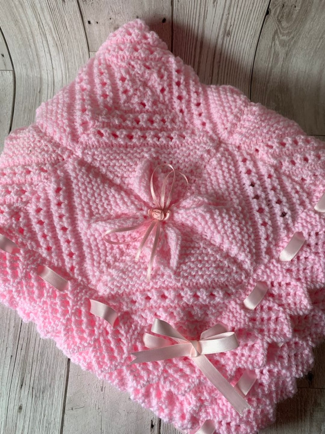 Hand Knit Baby Blanket: Acrylic Pram Cover With Satin Ribbon - Etsy