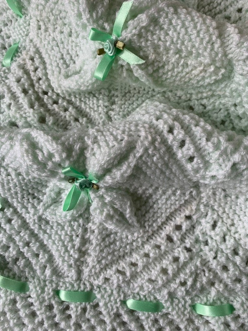 Hand Knit Baby Blanket: Acrylic Pram Cover With Satin Ribbon - Etsy