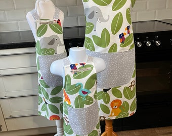 Cotton Apron, jungle animals, matching adult and child sizes, presents for bakers,