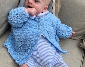 Handknit Blue Baby Cardigan, Lacy Knit Panel, Baby Shower Gift