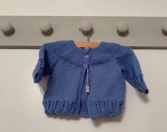 Hand Knit Baby Cardigan: Blue Matinee Jacket (3-6 Months)