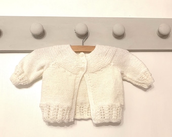 Hand Knit Baby Cardigan: White Matinee Jacket (3-6 Months)