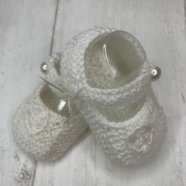 Baby Booties, Baby shoes, Hand knit,  Christening shoes,  white pram shoes,