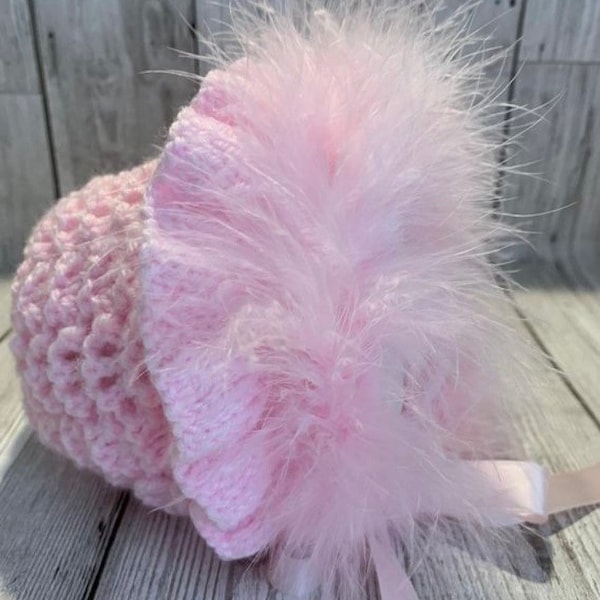 Knitted baby bonnet, girls bonnet, hand knit baby hat, crochet baby bonnet, knit hat with marabou