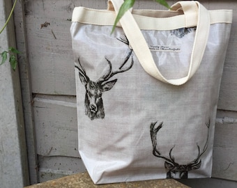 Stag lunch bag, mens lunch bag, Oilcloth Lunch Bag, stag gift, stag oilcloth tote, tote bag pattern, oilcloth lunch tote, stag present