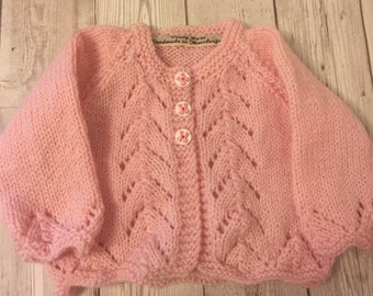 Pink baby matinee jacket, bunny rabbit cardigan, hand knit baby cardigan, pink baby cardigan, pink matinee coat, pink matinee coat,