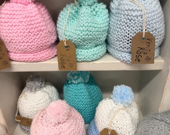 Preemie/Newborn Baby Beanie – Hand-Knitted with Pom Pom & Cuffed Brim
