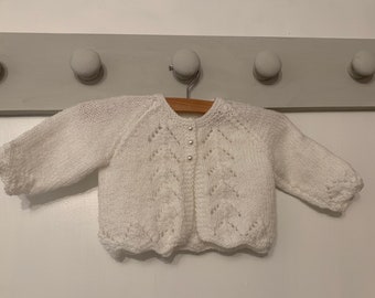 Hand Knit Lacy Baby Cardigan - White Matinee Jacket (0-3 Months)