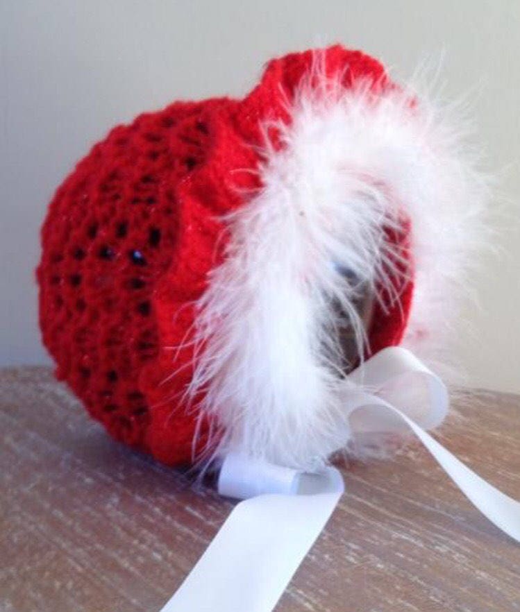 Baby Hand Knit Baby Hat Marabou Hat Red Baby Hat Etsy