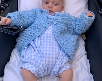 Handknit Baby Cardigan: Blue Knit Baby Jacket, Shower Gift