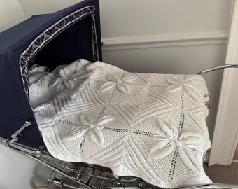 Baby blanket for Pram, baby blanket oblong.Verity Rose, designer pram cover, hand knit blanket,