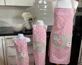 Cotton apron, pink spot, pink floral apron, bakers present for her, Country style present, Verity Rose,