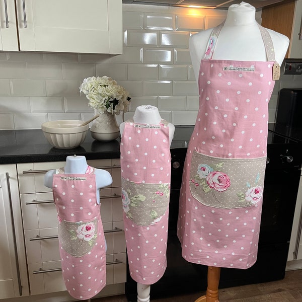 Cotton apron, pink spot, pink floral apron, bakers present for her, Country style present, Verity Rose,