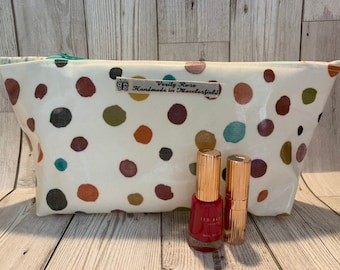 Cosmetic bag, make-up bag, pencil case, spots, ochre, cinnamon, teal, green, oilcloth
