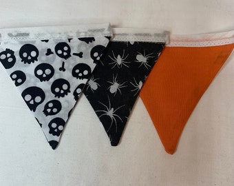 Halloween cotton bunting 2m long, skulls, black and white fabric cotton flags, orange, spooky, spiders,