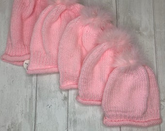 Pink baby beanie hat, hand knit baby hat, baby hat with fur Pom,