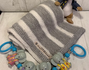 Baby blanket in white, and  grey stripe, Hand knit Baby Pram Blanket,