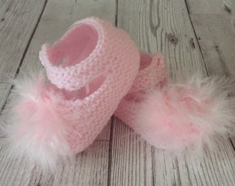 Marabou Baby Booties, knitted baby booties, baby girl booties, hand knit baby shoes, knitted baby booties, pink baby shoes,