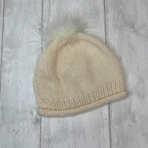 Knitted baby hat, hand knit baby beanie,  maribou pompom,