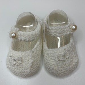 Baby Booties, Baby shoes, Hand knit, Baby Bootees, white pram shoes, navy spot bows, pearl applique, 0-3 months image 1