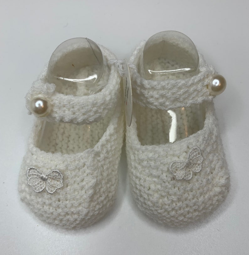 Baby Booties, Baby shoes, Hand knit, Baby Bootees, white pram shoes, navy spot bows, pearl applique, 0-3 months image 1